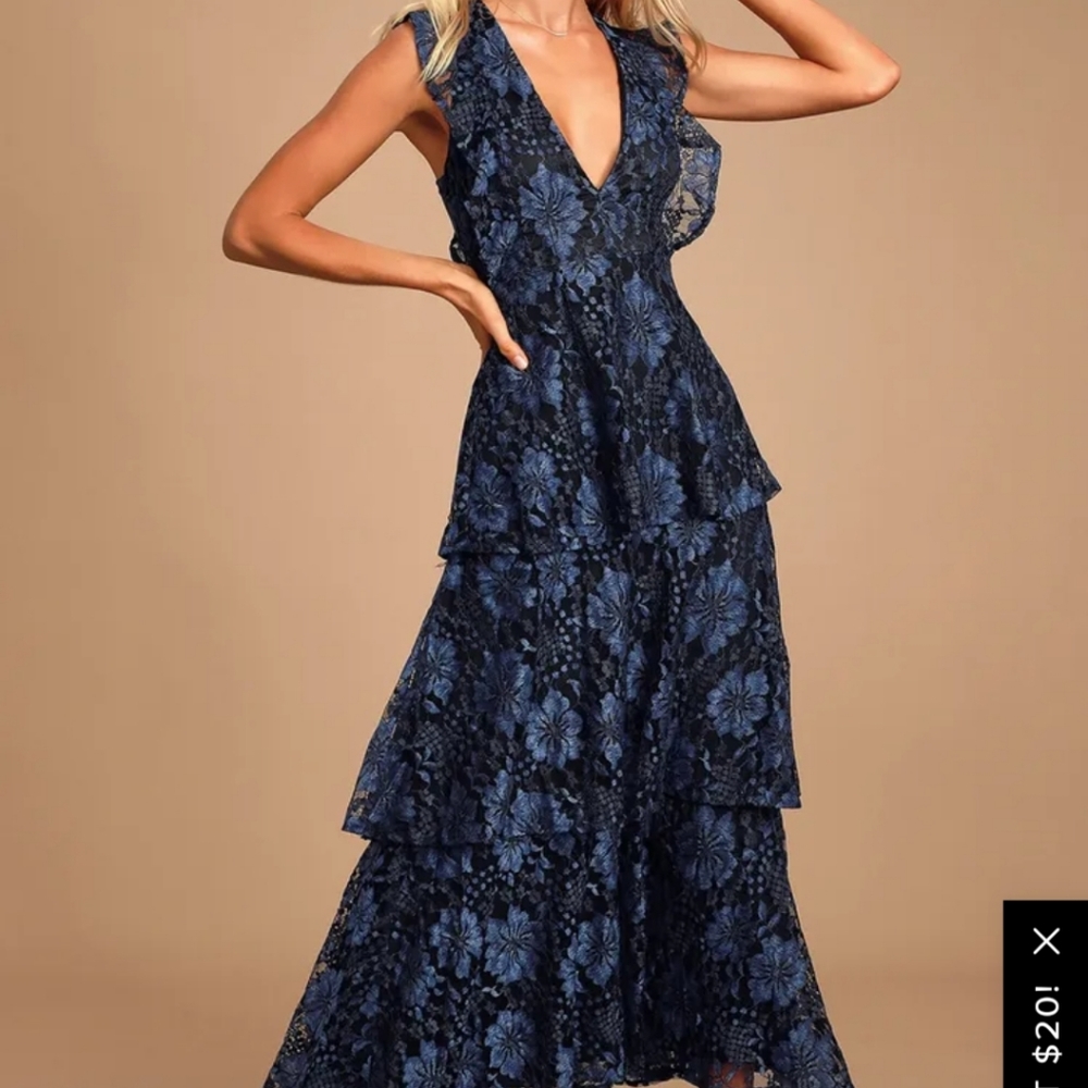 Molinetto Navy Blue Lace Ruffled Tiered Sleeveless Maxi Dress